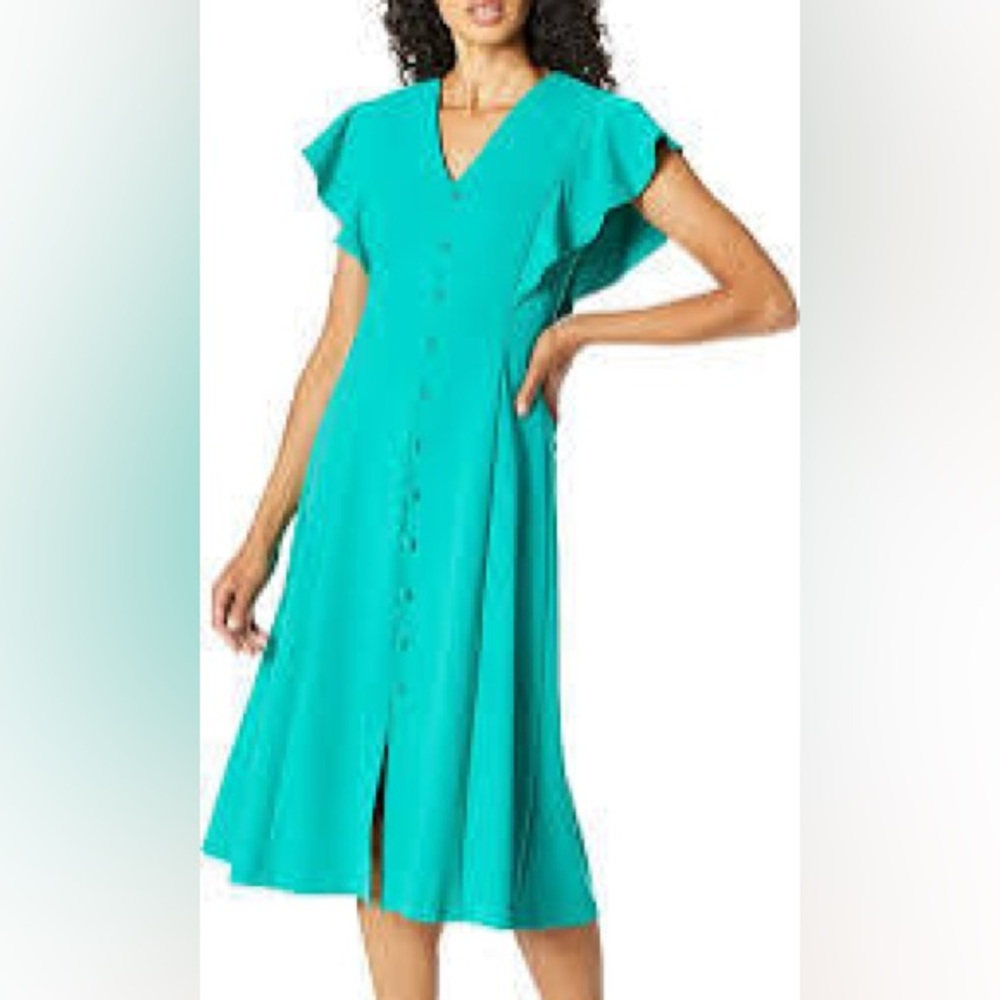 Elegant Calvin Klein V Neck Button Front Flutter Sleeve dress size 12 green